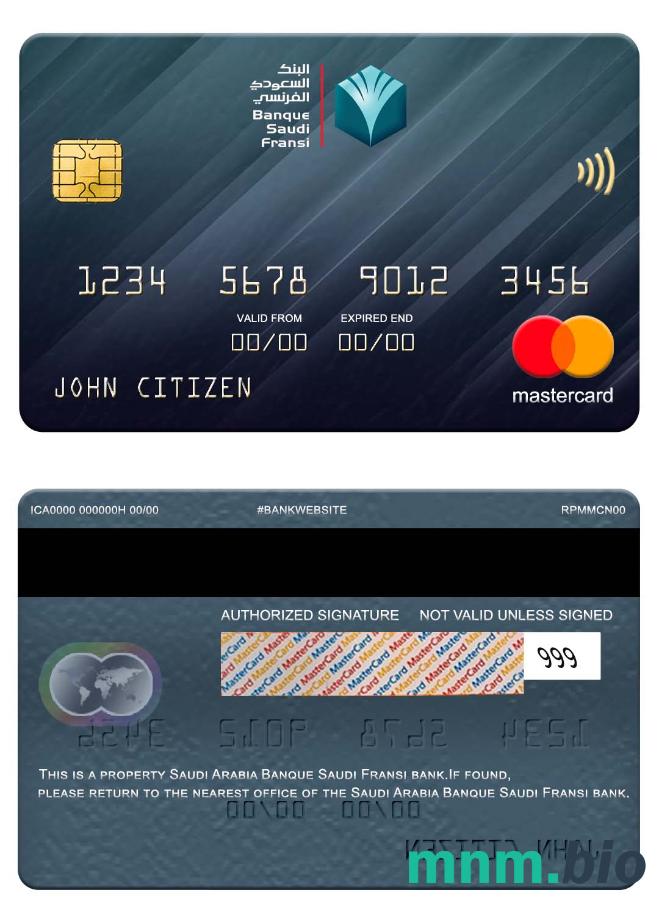Saudi Arabia Banque Saudi Fransi bank przykład karty mastercard w formacie PSD